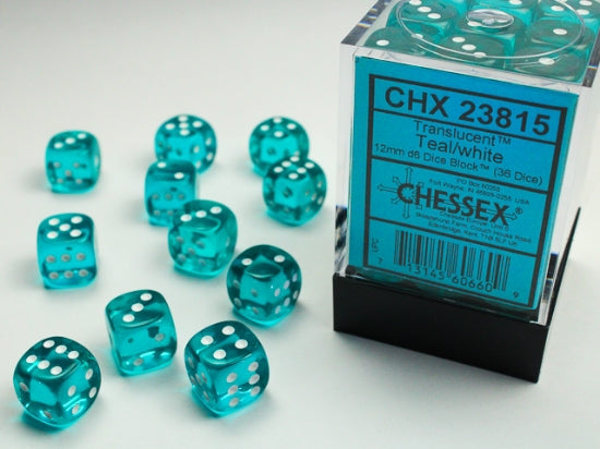 CHESSEX TRASLUCENT - TEAL/WHITE - 12MM - (36 DICE)