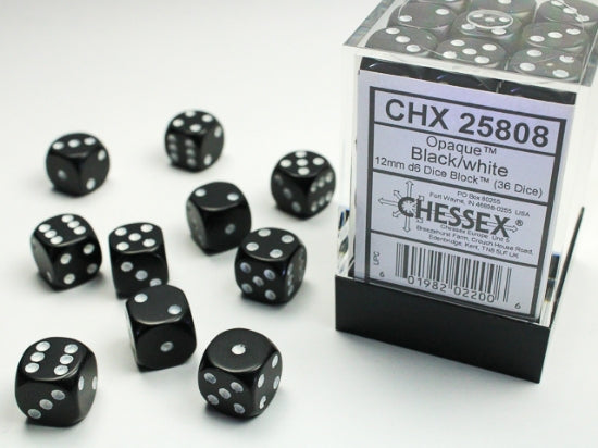 CHESSEX OPAQUE - BLACK/WHITE - 12MM - (36 DICE)