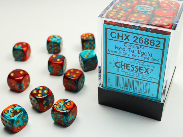 CHESSEX OPAQUE - GEMINI RED-TEAL/GOLD 12MM - (36 DICE)