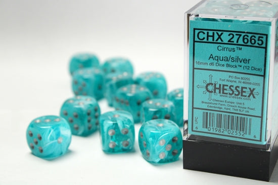 CHESSEX: TRASLUCENT - CIRRUS ACUA/SILVER 16MM - (12 DICE)