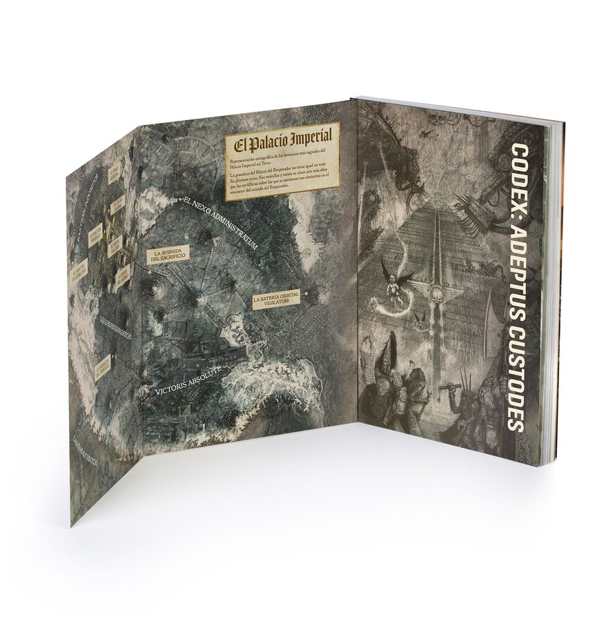 Codex Adeptus Custodes de Warhammer 40.000 abierto, con mapa desplegable del Palacio Imperial y portada interior en español.