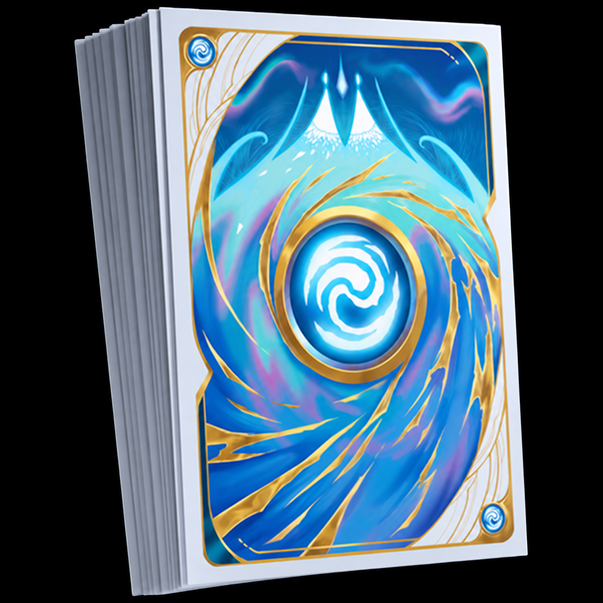 Fundas Altered Ice Storm de Gamegenic apiladas, con reverso azul, motivos dorados y borde blanco, vista en perspectiva.