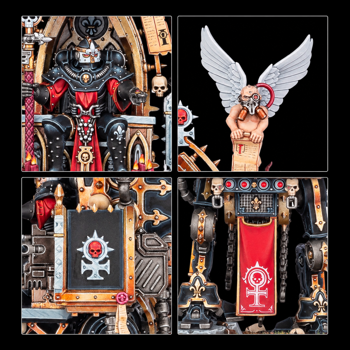 Primeros planos del casco, ornamentos, libro y estandarte de Intranzia Fraye.