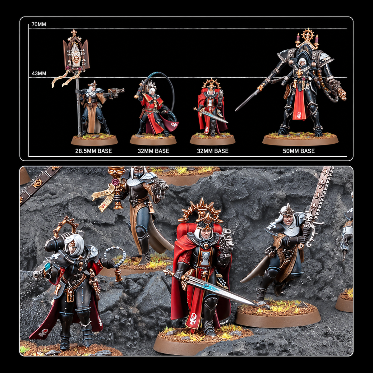 Comparativa de tamaños de las miniaturas y escena del Batallón de Adepta Sororitas.