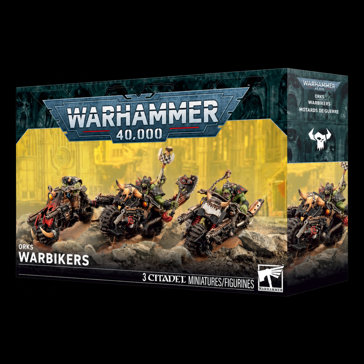 Caja Orks Warbikers de Warhammer 40.000, con tres moteros y fondo amarillo, vista en perspectiva.
