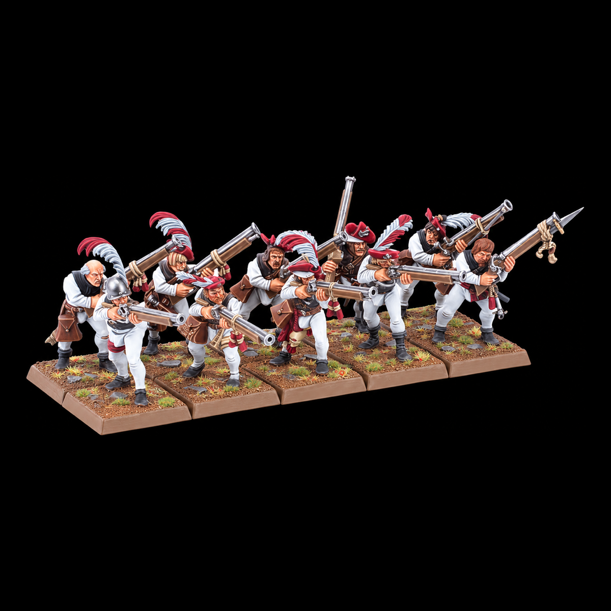 Regimiento de arcabuceros del Imperio con uniformes blancos y rojos, dispuesto en dos filas.