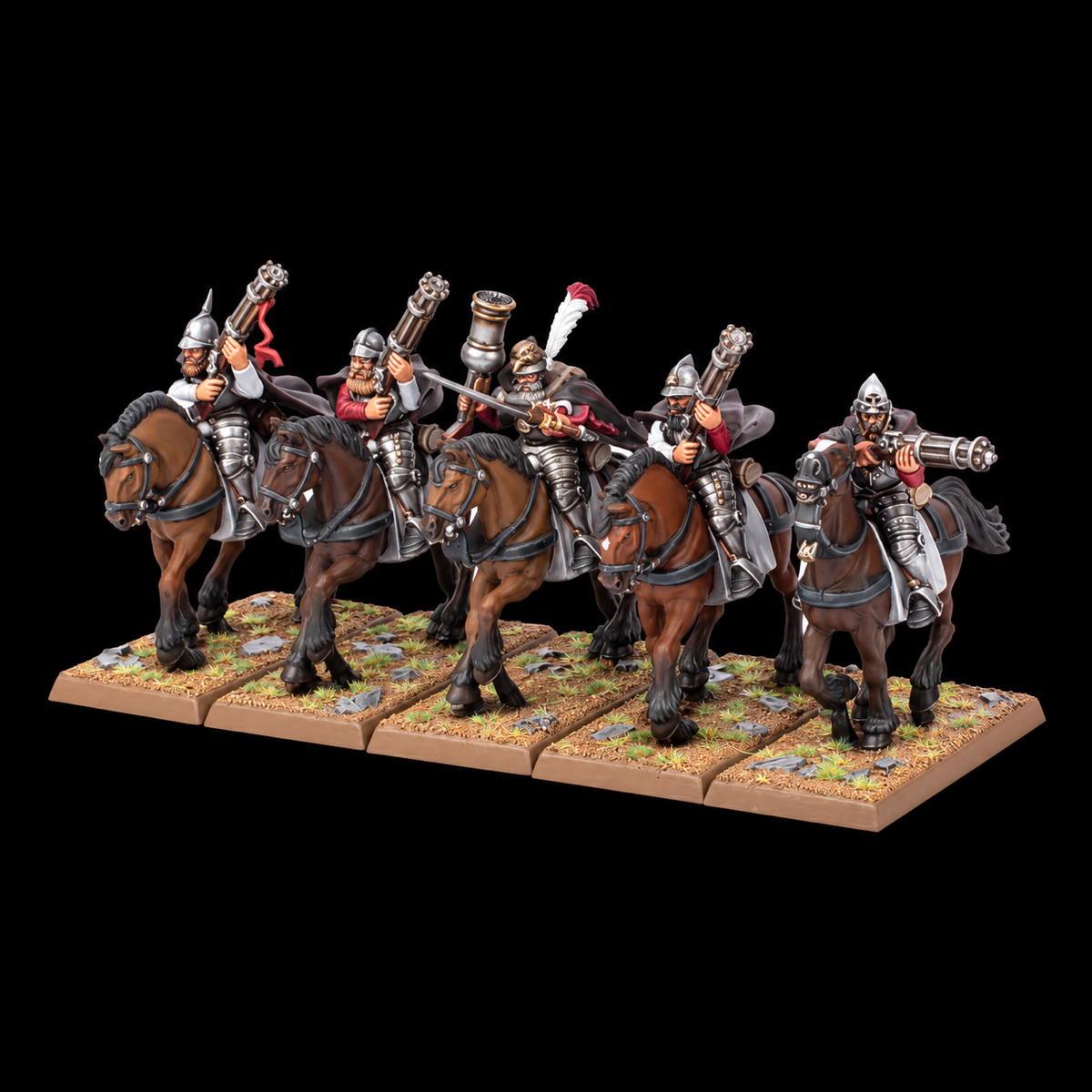 Cinco jinetes del Imperio con armas de fuego, armadura metálica y caballos oscuros, sobre peanas rectangulares.