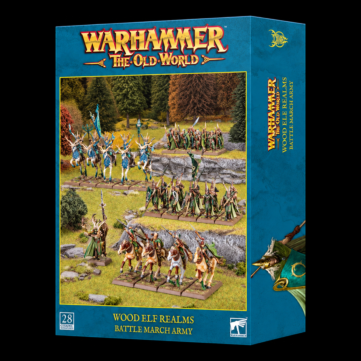 Caja Wood Elf Realms Battle March Army de Warhammer The Old World, vista en perspectiva.