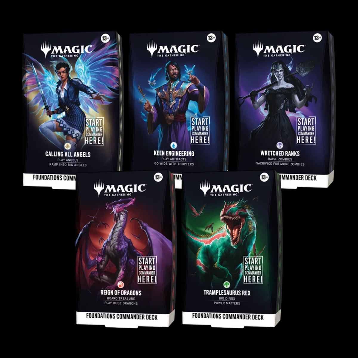 Magic The Gathering Foundations, cinco Starter Commander Decks en inglés sobre fondo negro