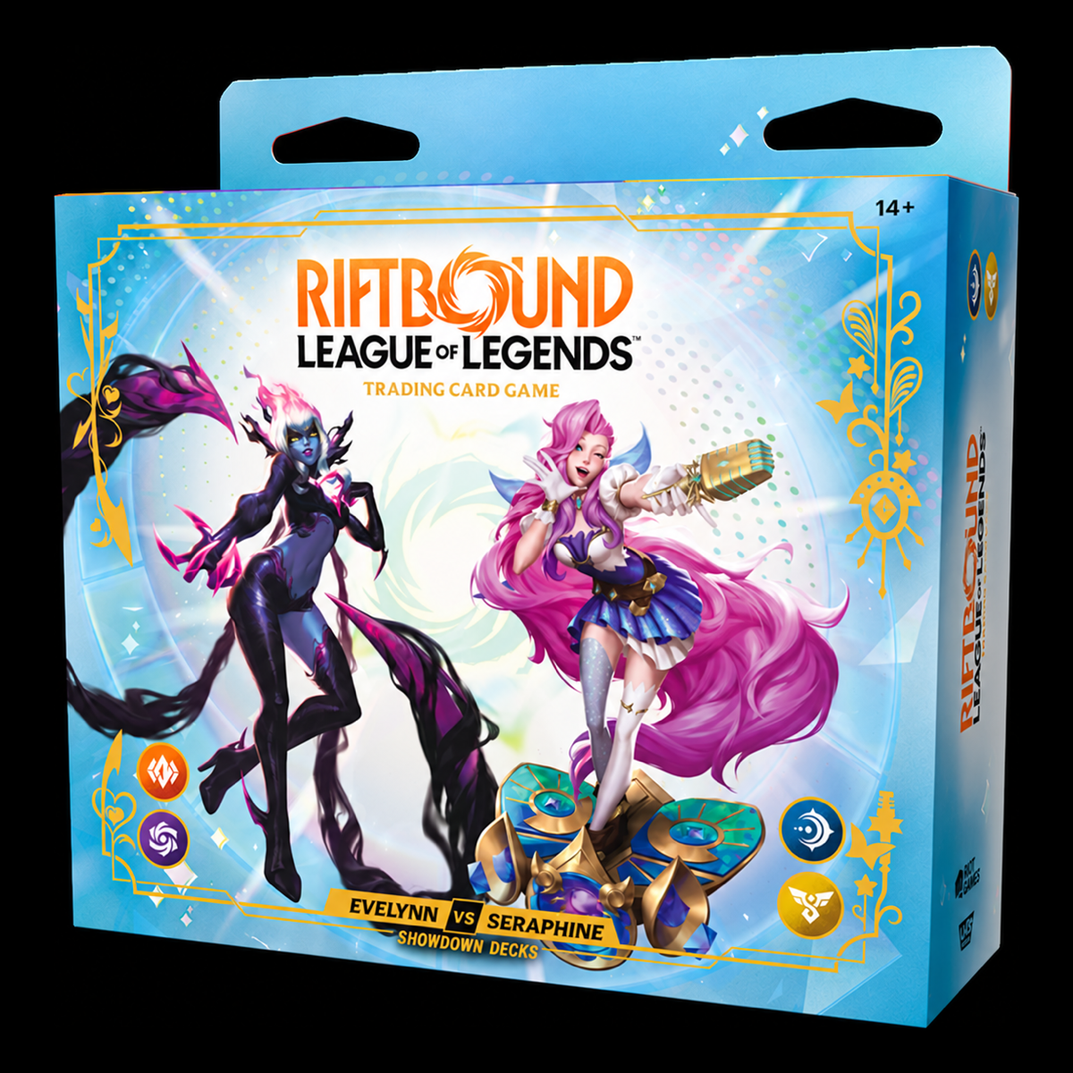 Caja Evelynn vs Seraphine Showdown Decks de Riftbound: League of Legends, vista frontal y lateral sobre fondo negro.