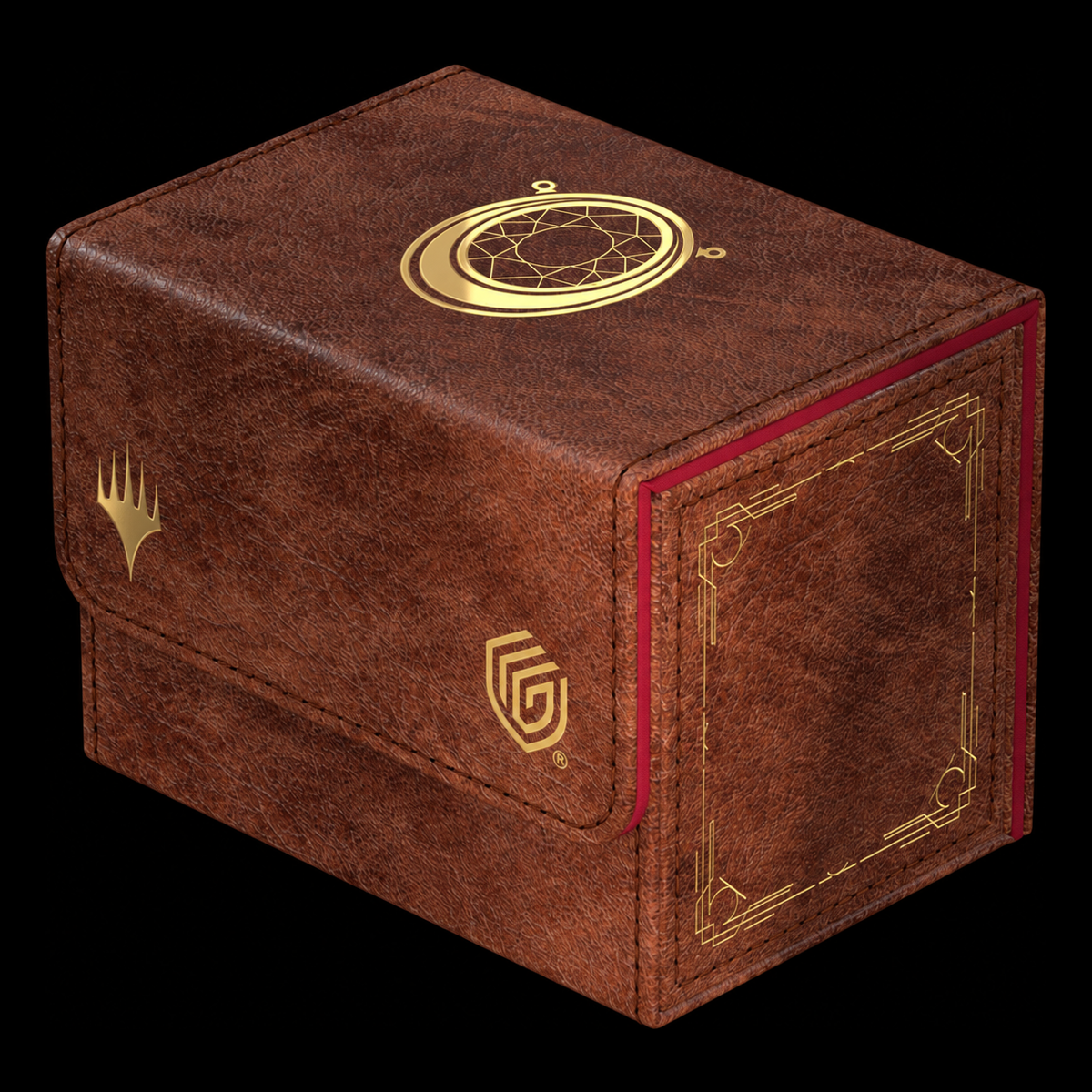 Caja Ultimate Guard Sidewinder 80+ Xenoskin Magic Mox Ruby cerrada, acabado marrón, borde rojo y símbolo de rubí dorado en la tapa.