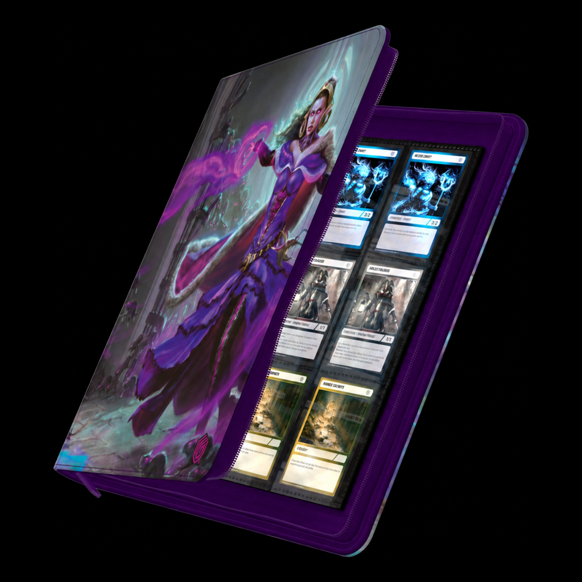 Álbum Ultimate Guard Zipfolio 480 Xenoskin Liliana, parcialmente abierto con una página de cartas visible y cremallera morada.
