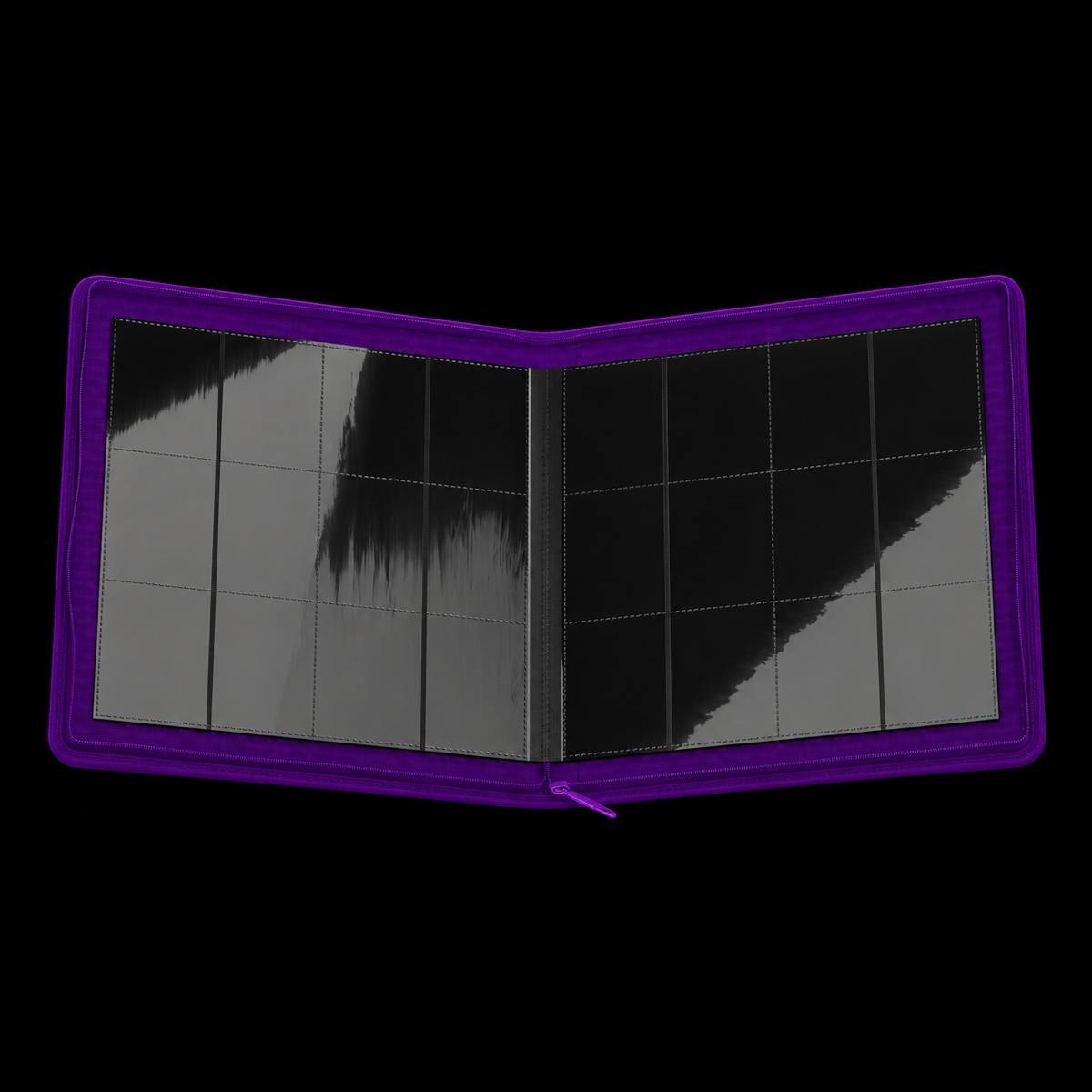 Interior del álbum Ultimate Guard Zipfolio 480 Xenoskin Liliana, abierto con páginas negras de bolsillos y borde de cremallera morado.