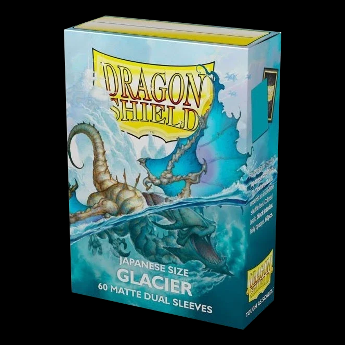 Dragon Shield, 60 fundas Small Glacier, vista del embalaje sobre fondo negro