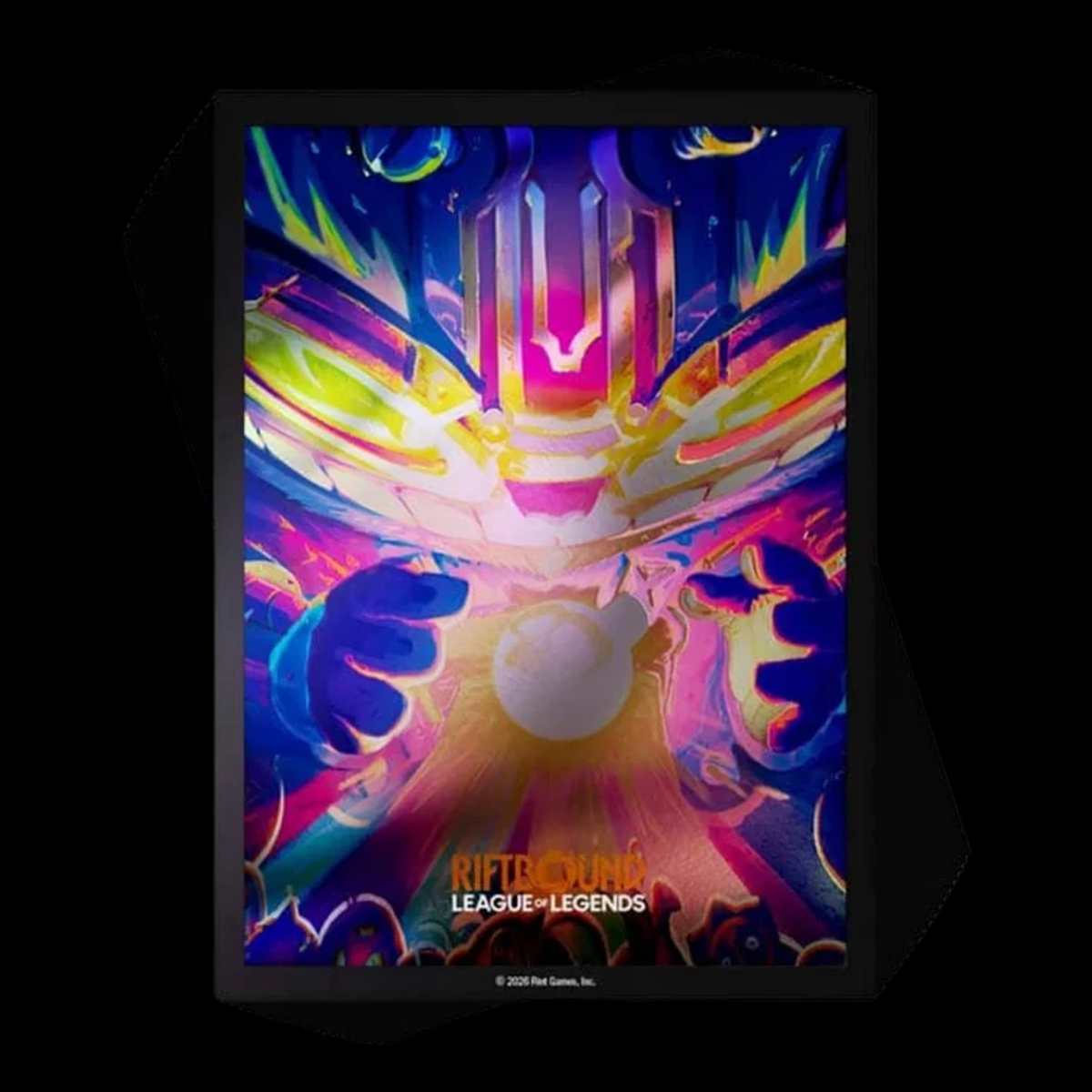 Fundas Riftbound Radiance de Ziggs Hexplosives Expert, con varias fundas superpuestas, sobre fondo negro