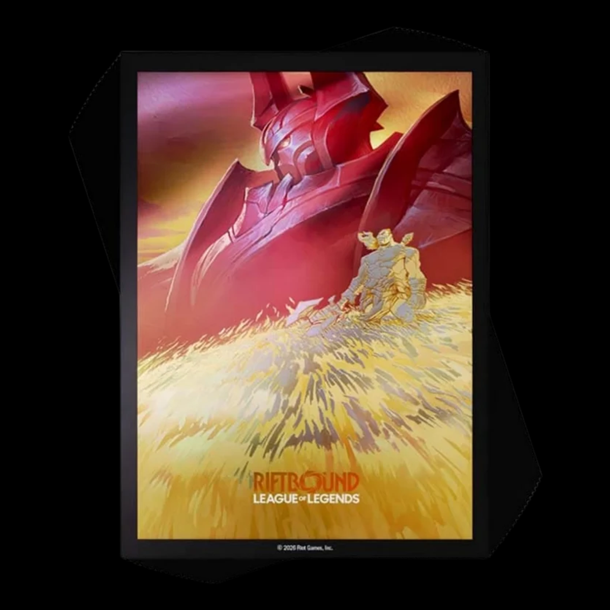 Fundas Riftbound Radiance de Mordekaiser Iron Revenant, con varias fundas superpuestas, sobre fondo negro