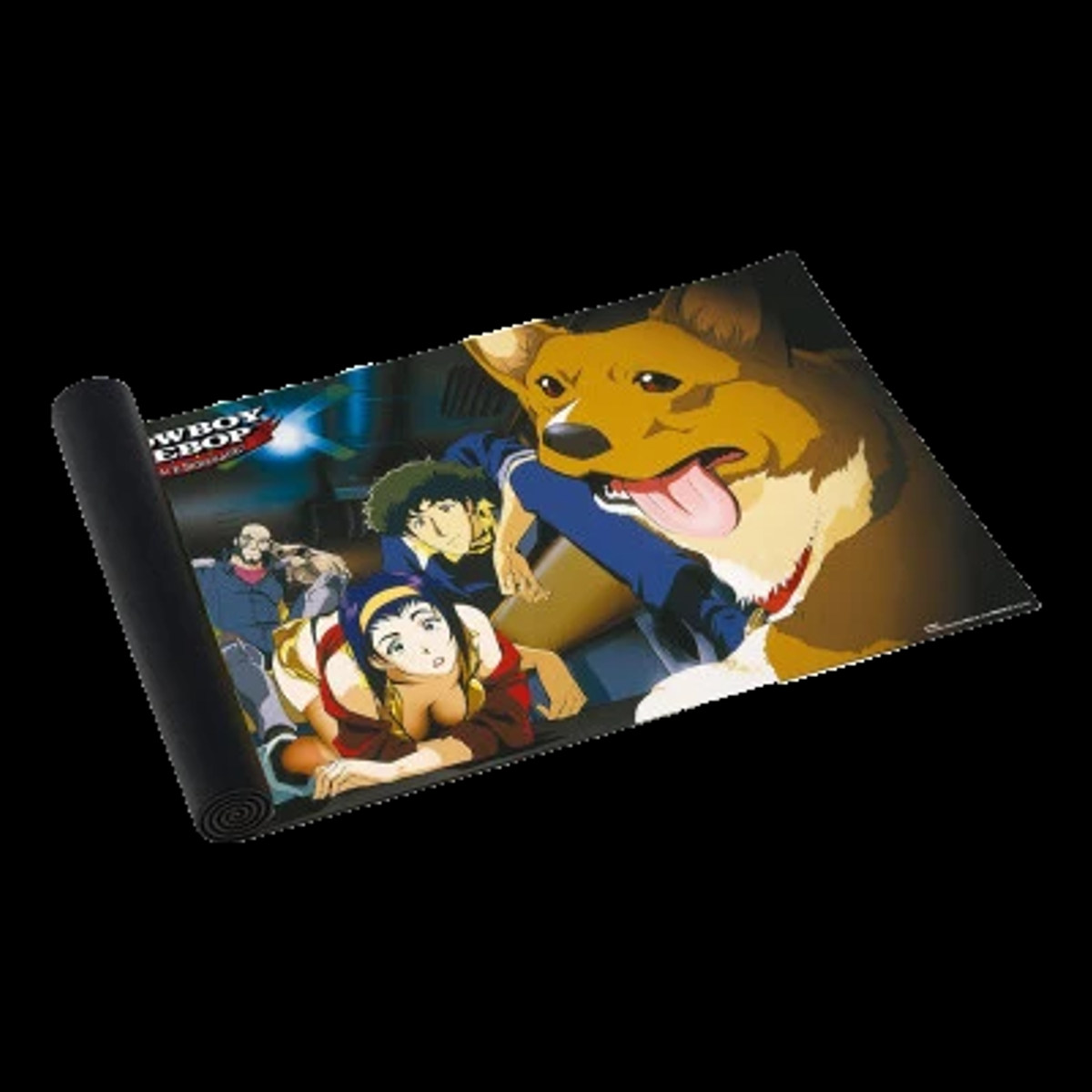 Tapete Cowboy Bebop Sword Fish Team, con los personajes de la serie y un extremo enrollado, sobre fondo negro