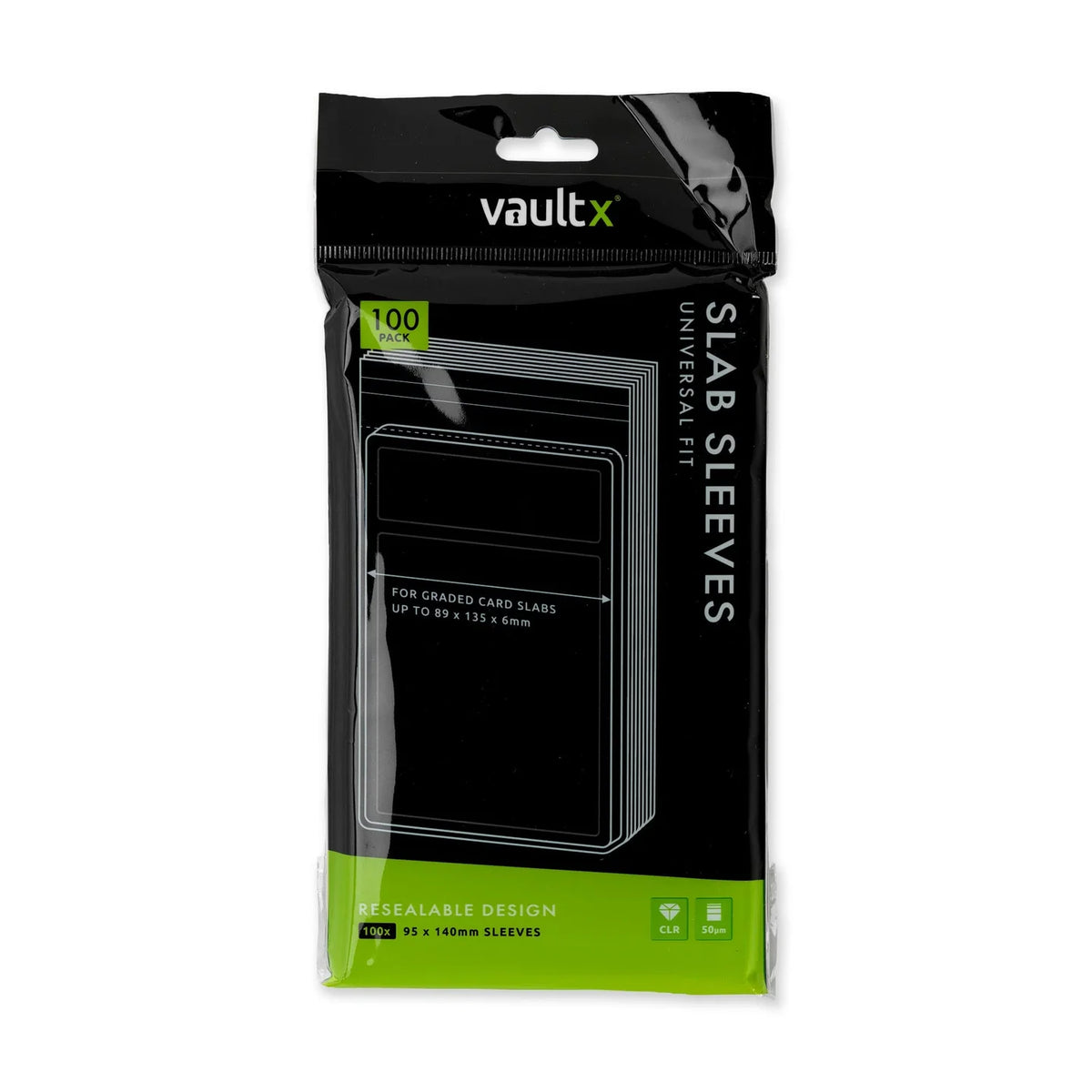 Paquete negro y verde de 100 fundas Vault X Universal Fit Slab Sleeves, vista frontal.