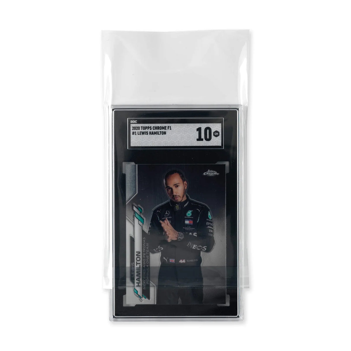 Carta de Lewis Hamilton encapsulada por SGC, con la funda Vault X Universal Fit abierta.