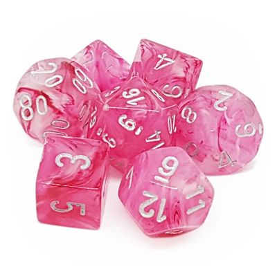 CHESSEX: GHOSTLY GLOW - PINK SILVER - SET ROL - (7 DICE)