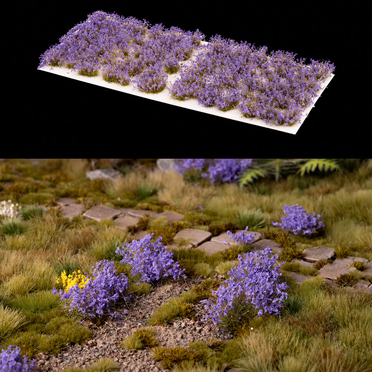 Lámina de flores violetas Violet Flowers de Gamer’s Grass y ejemplo entre hierba, grava y losas de piedra.