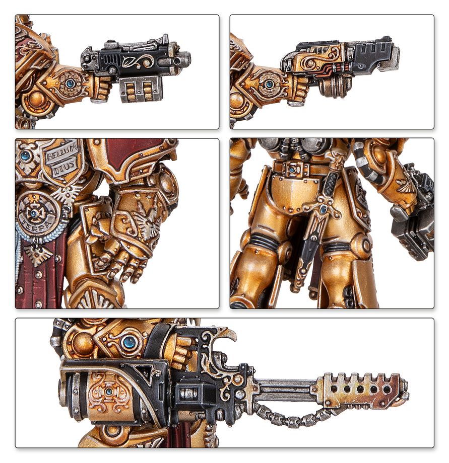 Detalles de armas, guantelete y parte trasera de las miniaturas Custodes Aquilon Terminator Sodality de Warhammer, pintadas en dorado y rojo.