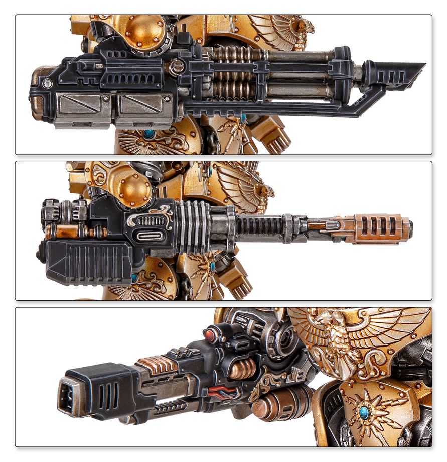 Detalle de tres configuraciones de armamento del Telemon Heavy Dreadnought de Custodes de Warhammer, en negro, metal y dorado.