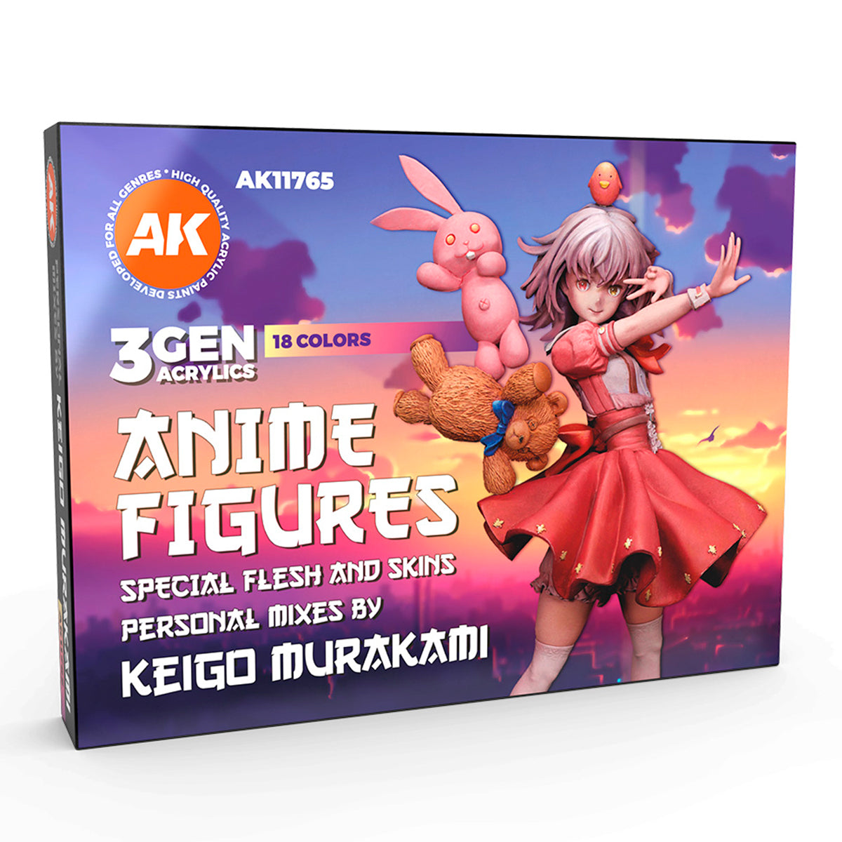 Caja del set AK 3GEN Acrylics Anime Figures AK11765 de Keigo Murakami, con figura de vestido rojo y 18 colores, vista frontal y lateral.