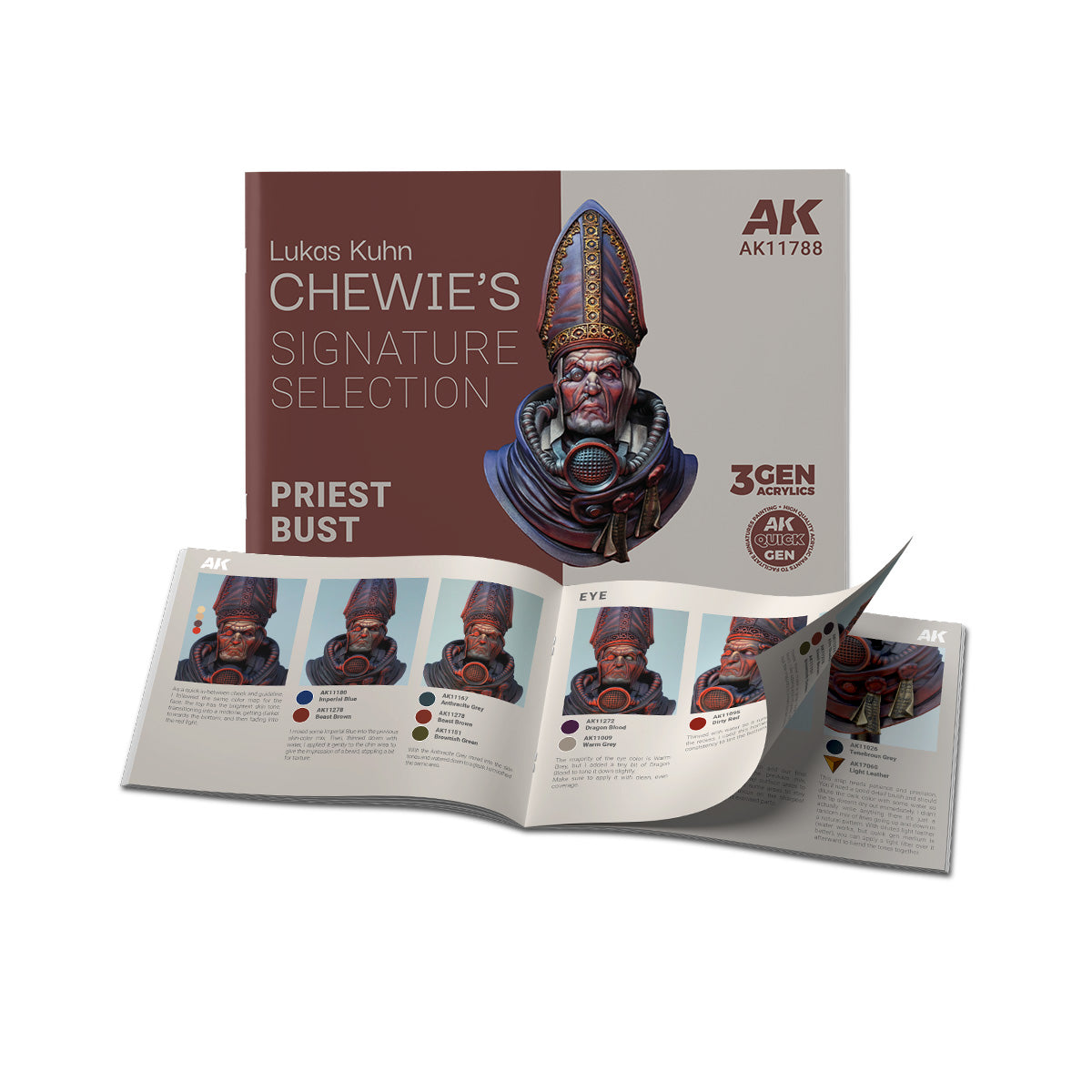 Guía de pintura del set AK Chewie’s Signature Selection AK11788, con portada Priest Bust y páginas abiertas del proceso de pintado.