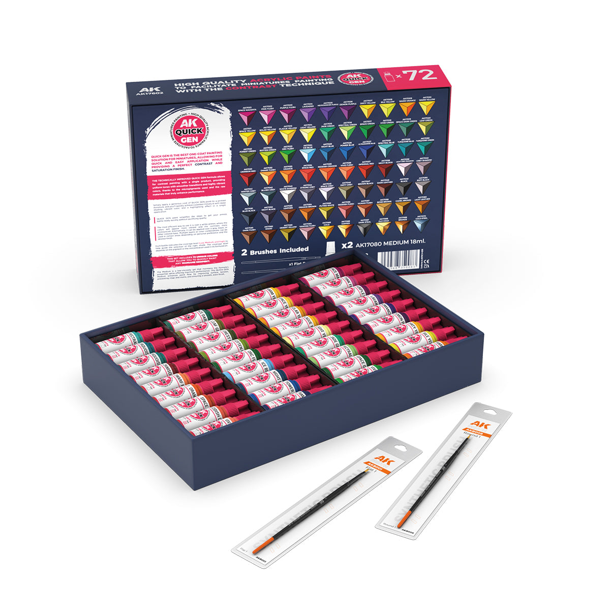 AK: QUICK GEN - QUICK PAINT SET-72 QUICK GEN COLORS (+2 MEDIUM 18ML +2 FREE BRUSHES)