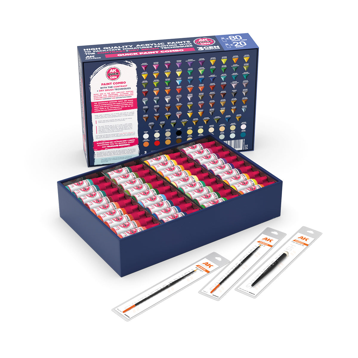 AK: QUICK GEN - QUICK PAINT COMBO - 100 COLORS - (80 QUICK GEN +20 3GEN +3 FREE BRUSHES +1 MEDIUM 18ML)