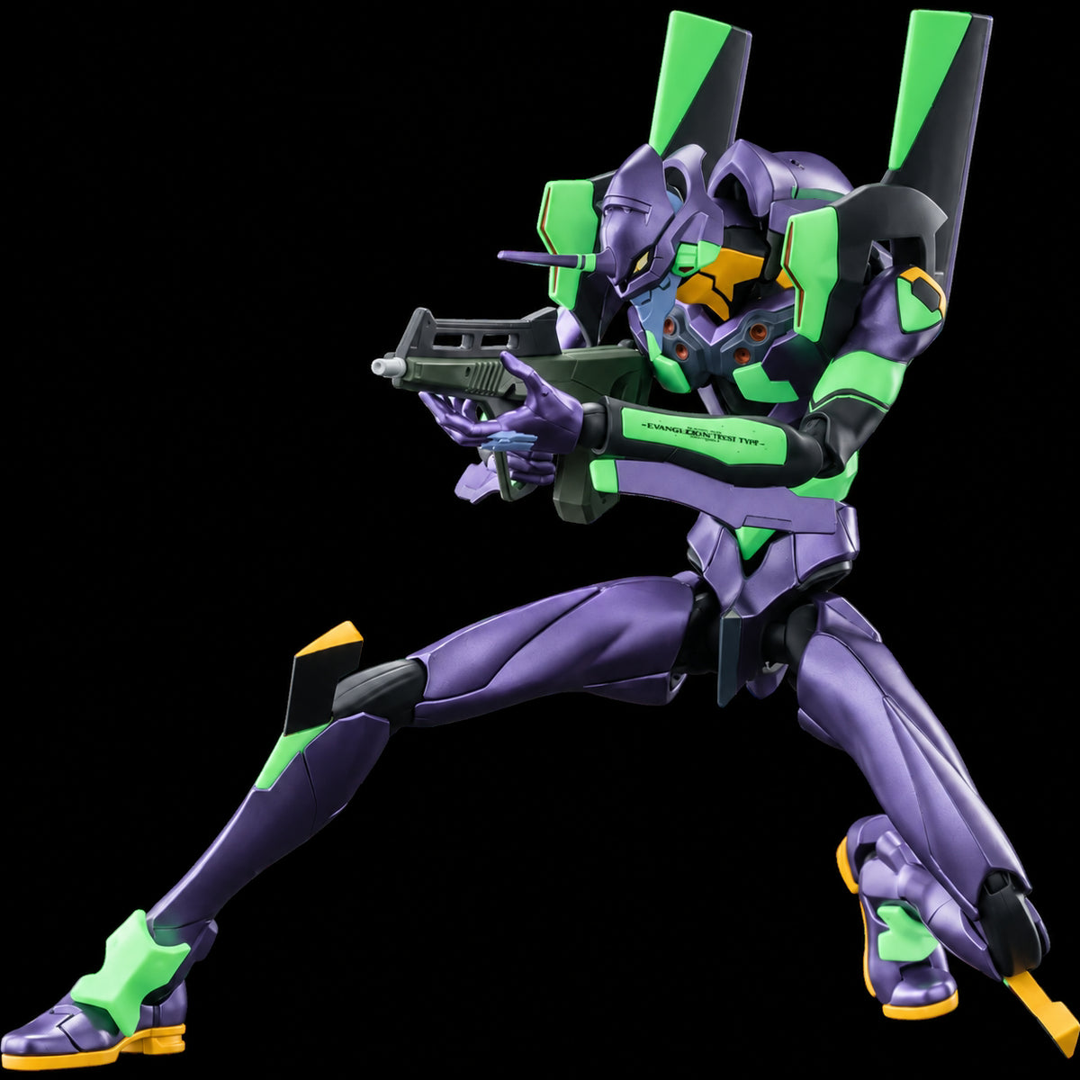 Figura Evangelion UNIT-01 de Blokees, morada y verde, en pose con una rodilla flexionada y accesorio de rifle sobre fondo negro.