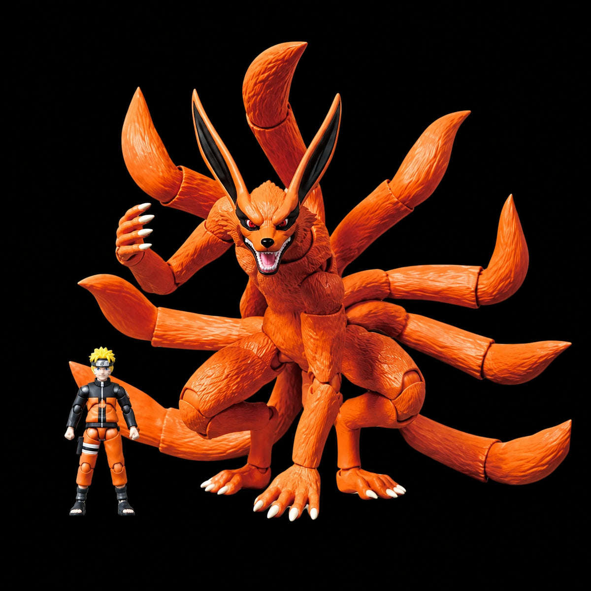 Figuras de Kurama Nine Tails y Naruto Uzumaki de Blokees Legend Edition, con Kurama naranja de nueve colas y Naruto a su izquierda sobre fondo negro.