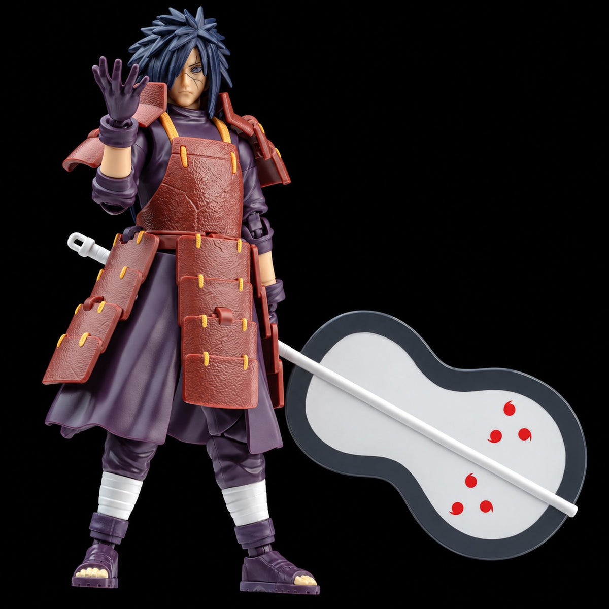 Figura de Madara Uchiha Reanimation de Naruto Shippuden, Blokees Champion Class, con armadura rojiza, mano abierta y abanico blanco y negro.
