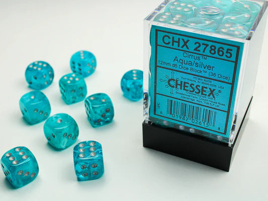 CHESSEX: CIRRUS AQUA SILVER - 12MM - (36 DICE)