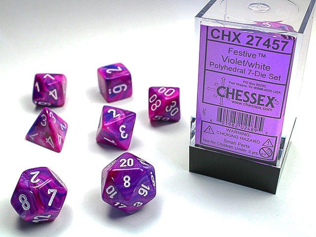 CHESSEX D7-DIE SET FESTIVE POLYHEDRAL VIOLET/WHITE 7-DIE SET ROL