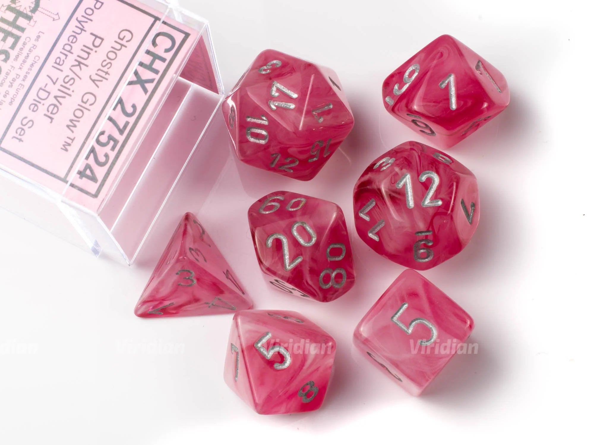 CHESSEX: GHOSTLY GLOW - PINK SILVER - SET ROL - (7 DICE)