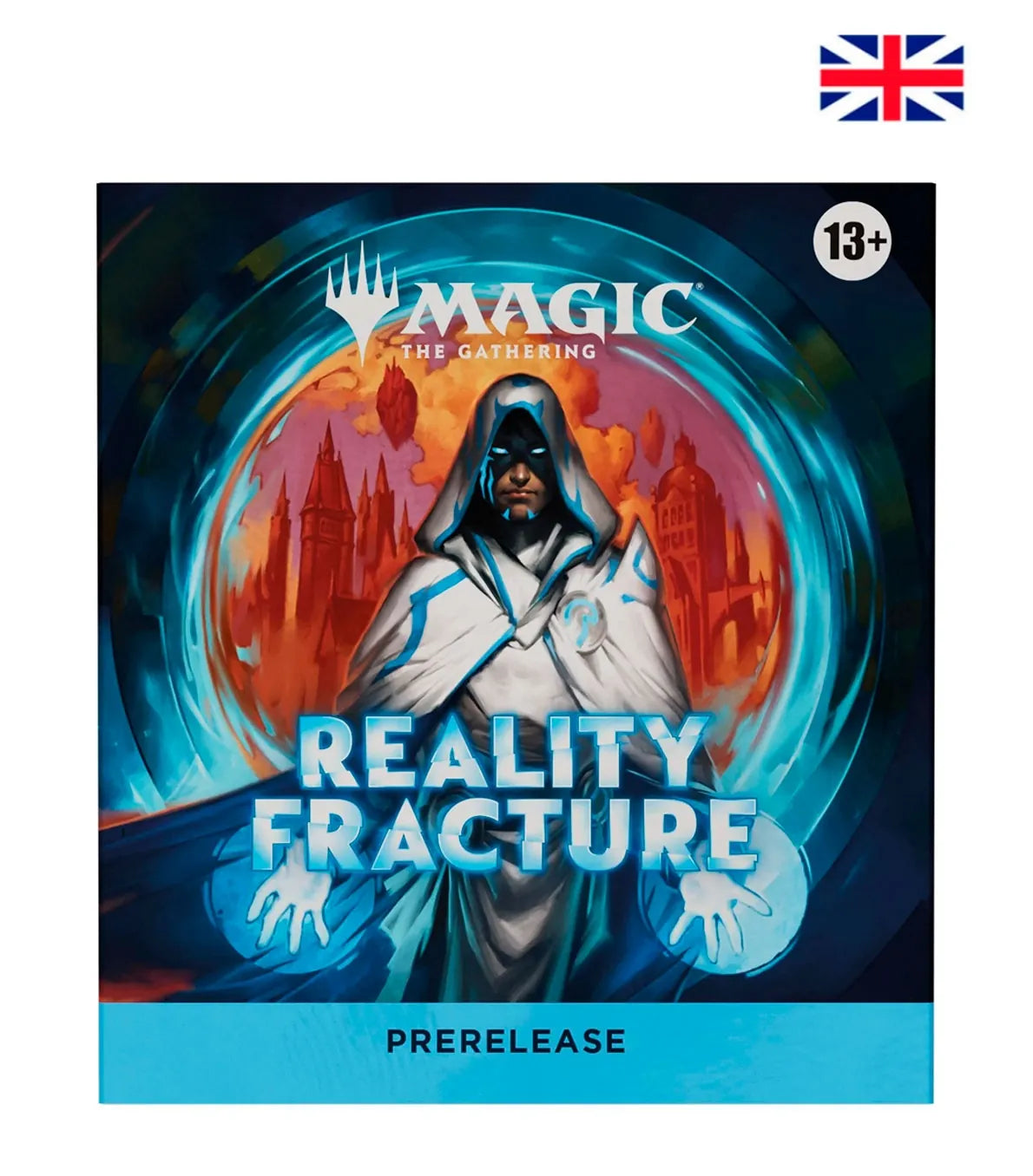 Pack de presentación Magic: The Gathering Reality Fracture en inglés, con personaje encapuchado y portal azul, vista frontal.