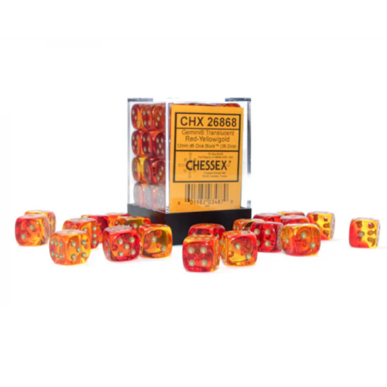 CHESSEX - 36 DICE SET: 12mm 1D6 - Translucent - Red Yellow/gold