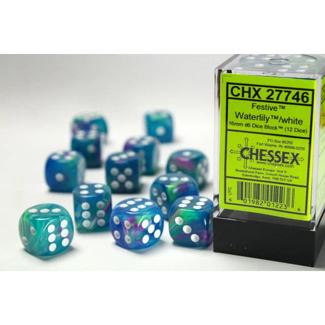 CHESSEX: FESTIVE WATERLIL/WHITE - 16MM - (12 DICE)