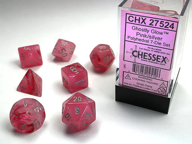 CHESSEX: GHOSTLY GLOW - PINK SILVER - SET ROL - (7 DICE)