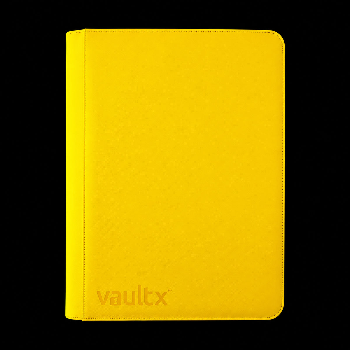 Álbum Vault X Exo-Tec Zip Binder XXL Sunrise Yellow de 16 bolsillos, cubierta amarilla cerrada en vista frontal.