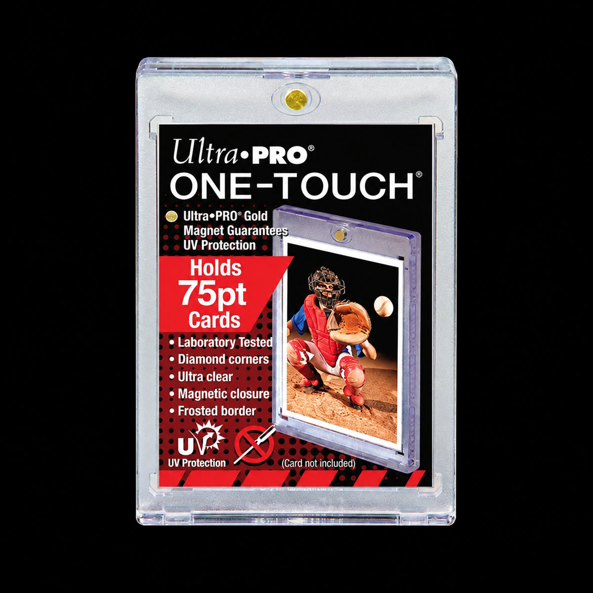 Protector magnético transparente Ultra Pro One-Touch de 75 pt, vista frontal con inserto negro y rojo y cierre dorado sobre fondo negro.
