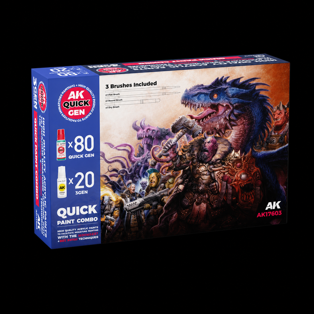 AK: QUICK GEN - QUICK PAINT COMBO - 100 COLORS - (80 QUICK GEN +20 3GEN +3 FREE BRUSHES +1 MEDIUM 18ML)