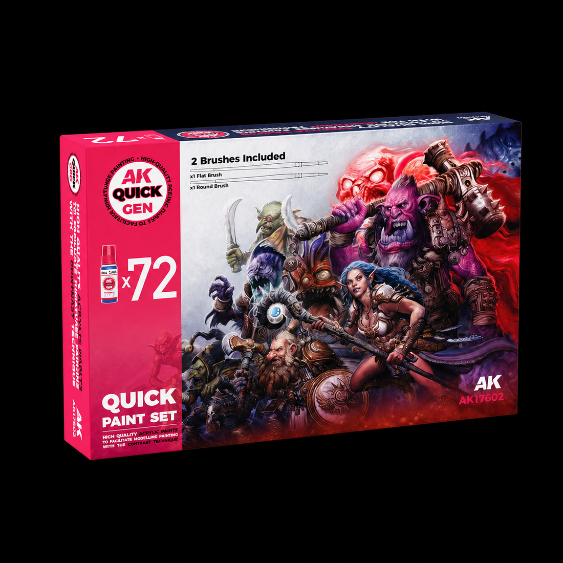 AK: QUICK GEN - QUICK PAINT SET-72 QUICK GEN COLORS (+2 MEDIUM 18ML +2 FREE BRUSHES)