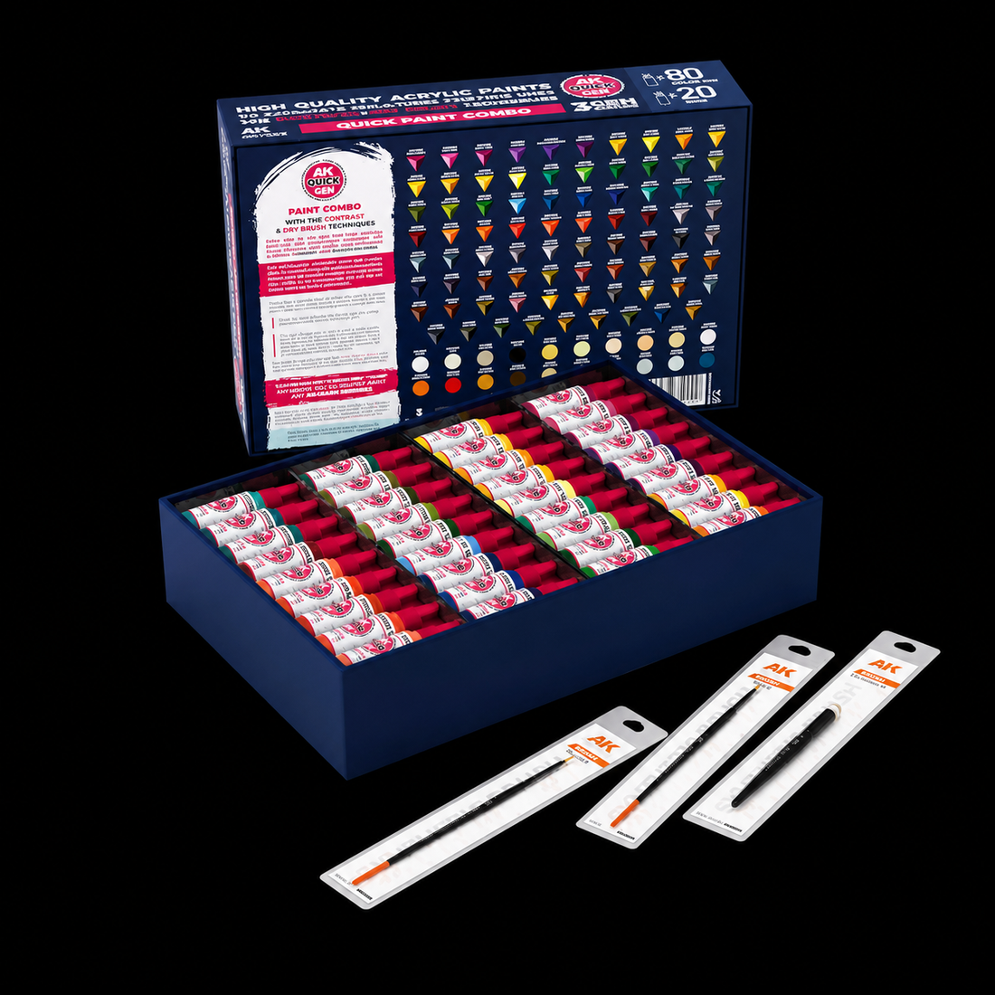 AK: QUICK GEN - QUICK PAINT COMBO - 100 COLORS - (80 QUICK GEN +20 3GEN +3 FREE BRUSHES +1 MEDIUM 18ML)