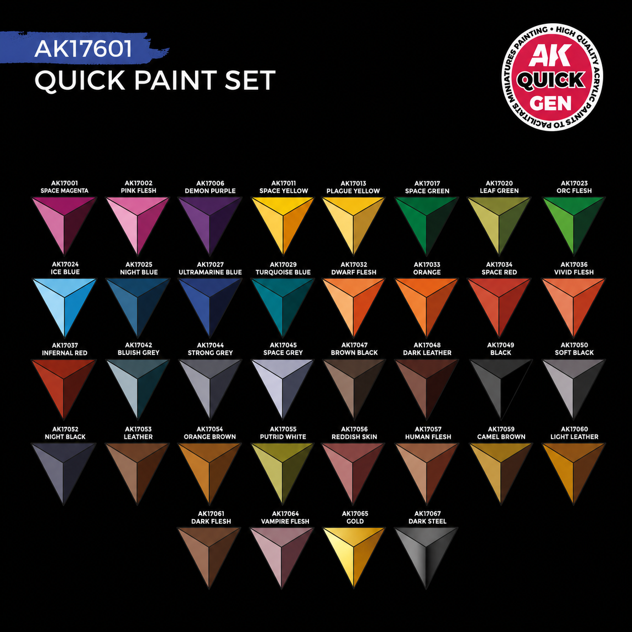 AK: QUICK GEN - QUICK PAINT SET-72 QUICK GEN COLORS (+2 MEDIUM 18ML +2 FREE BRUSHES)