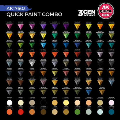 AK: QUICK GEN - QUICK PAINT COMBO - 100 COLORS - (80 QUICK GEN +20 3GEN +3 FREE BRUSHES +1 MEDIUM 18ML)