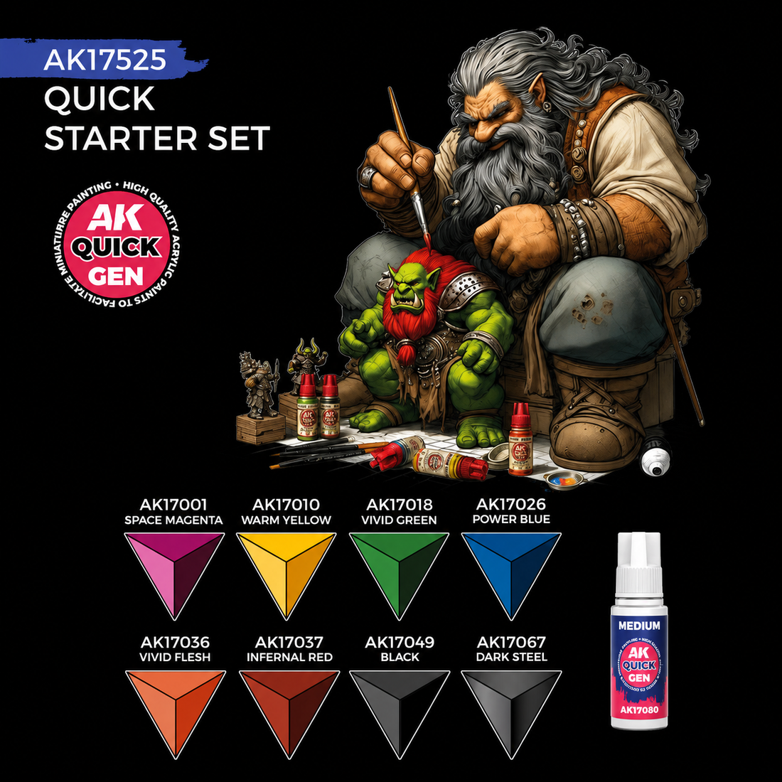 AK: QUICK GEN - QUICK STARTER SET - (8 QUICK GEN + 1 MEDIUM + 1 FREE BRUSH)