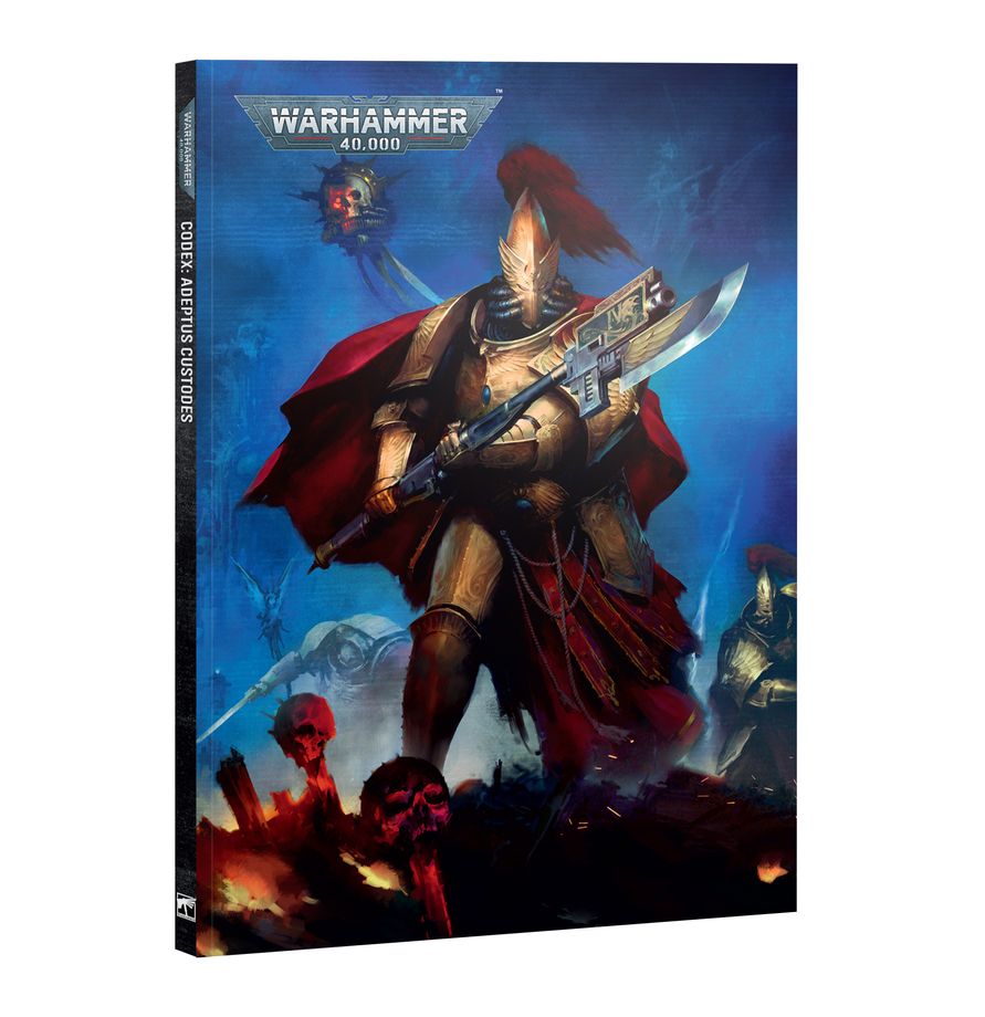 Codex Adeptus Custodes de Warhammer 40.000, con guerrero de armadura dorada y capa roja sobre cubierta azul, vista frontal y lomo.